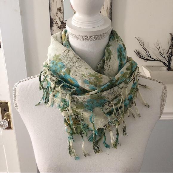 Blue Green Floral Fringe Square Scarf, 42” x 39” - Picture 5 of 8